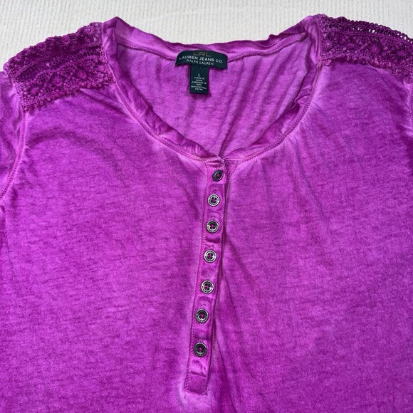 Lauren Ralph Lauren Henley Blouse Denim Look Crochet Womens Large Purple Cotton - Picture 5 of 8